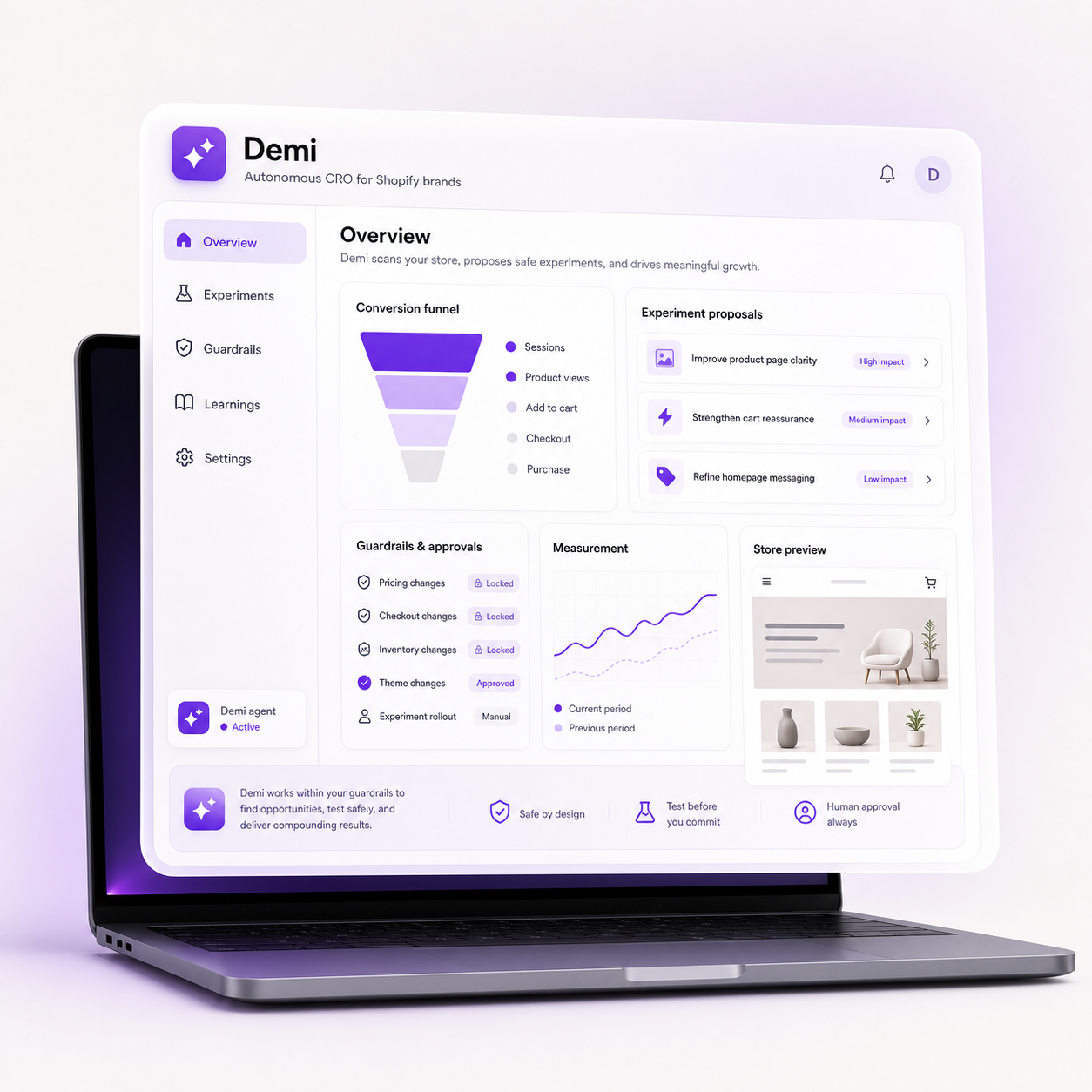 Demi purple product mockup showing autonomous CRO dashboard for Shopify brands