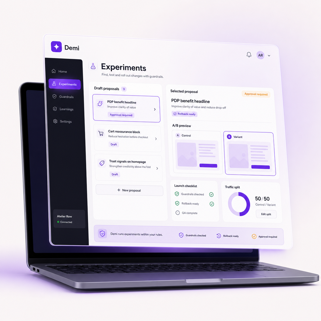 Demi purple product mockup showing experiments and approval workflow for Shopify CRO