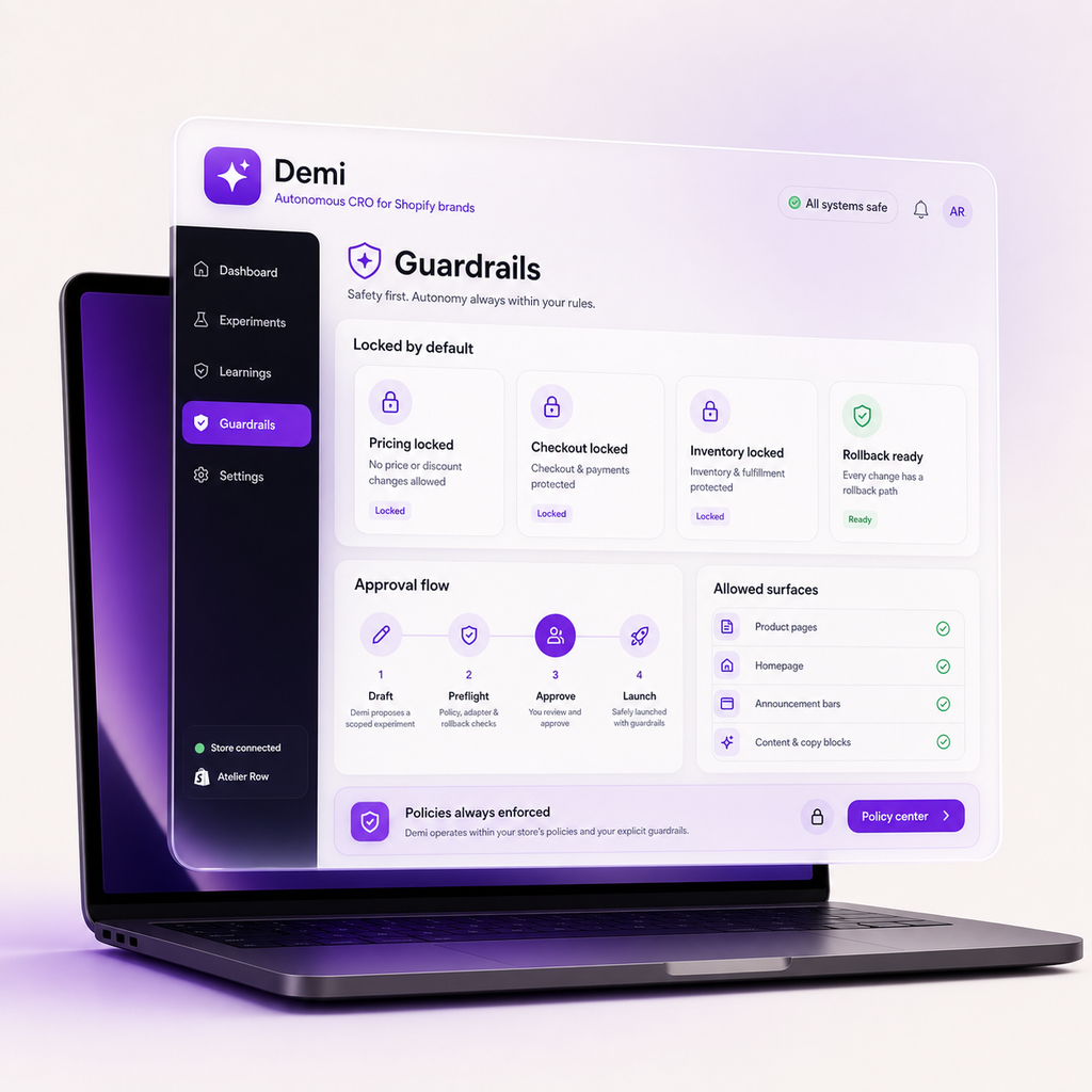 Demi purple product mockup showing guardrails, locked policies, and approval flow